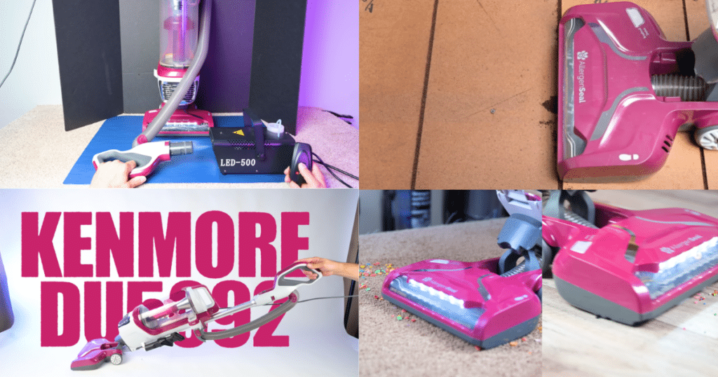 Collage of Kenmore DU5092 Lift-Up upright vacuum showing floorhead cleaning debris on hard floors and carpet, close-ups of the brushroll, and use in a home setting.