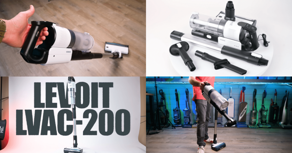 Collage of Levoit LVAC-200 cordless vacuum showing handheld use, included attachments, and operation in a home and testing lab setting.