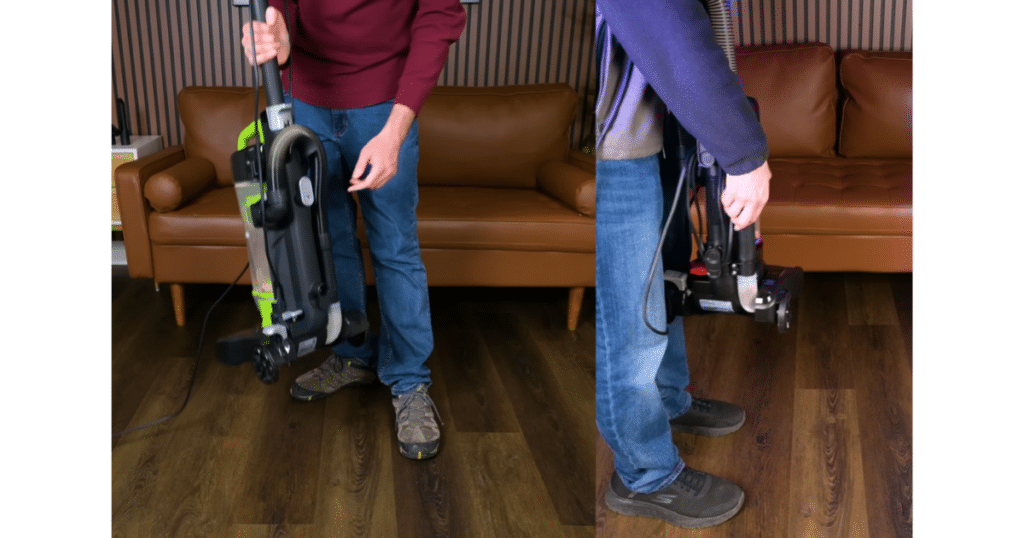 Lightweight budget u pright vacuums | Vacuum Wars Side-by-side comparison of two lightweight upright vacuums being lifted and carried, with the Eureka Airspeed E4 on the left and the Bissell CleanView Compact Turbo on the right, illustrating portability.