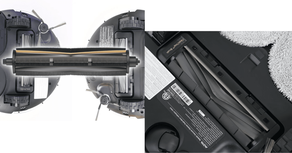 MOVA P10 Pro Ultra Gen 2 brush | Vacuum Wars Bottom view of MOVA P10 Pro Ultra Gen 2 robot vacuum showing standard single rubber main brush compared to optional CleanChop anti-tangle brush design for improved hair resistance.