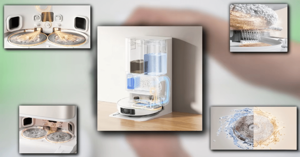 MOVA P10 Pro Ultra Gen 2 dock features | Vacuum Wars MOVA P10 Pro Ultra Gen 2 self-empty dock with internal water tanks and mop washing system, featuring 212°F (100°C) hot water mop cleaning, automatic detergent dispensing, and debris auto-empty into a 3.2L dust bag.