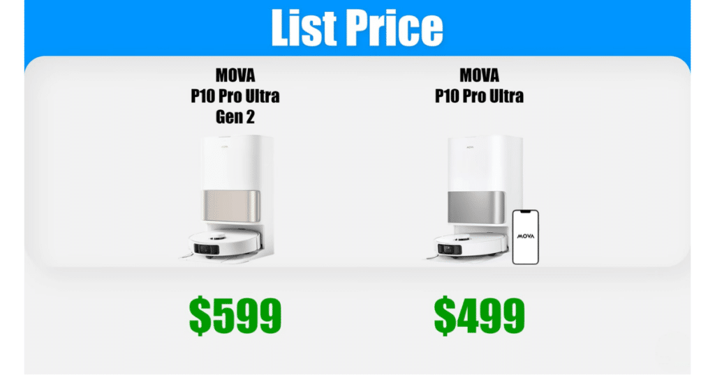 MOVA P10 Pro Ultra Gen 2 list price | Vacuum Wars Comparison graphic showing MOVA P10 Pro Ultra Gen 2 robot vacuum with a 9 list price versus the first-generation MOVA P10 Pro Ultra at 9, highlighting Gen 2’s higher starting price in the sub-0 robot vacuum and mop category.