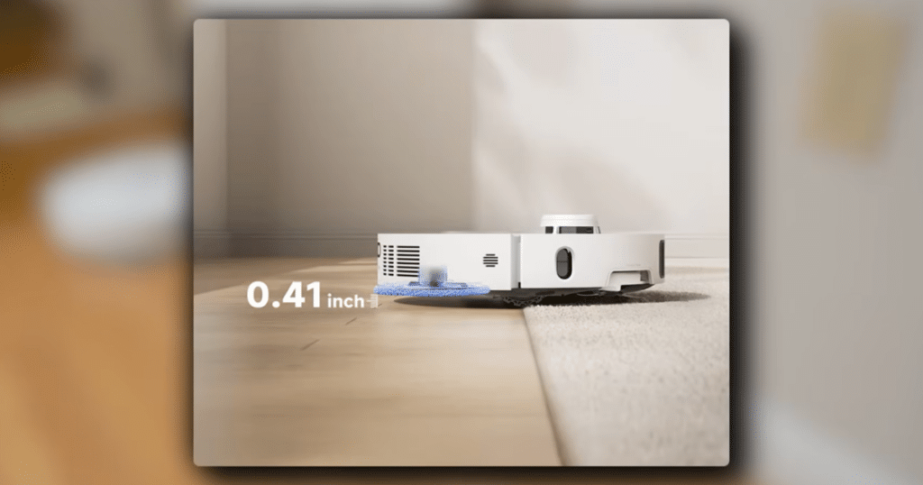MOVA P10 Pro Ultra Gen 2 mop lift | Vacuum Wars MOVA P10 Pro Ultra Gen 2 robot vacuum showing mop pad lifting 0.41 inches (10.5 mm) to transition from hard floor to carpet, demonstrating automatic mop lift feature for mixed-surface cleaning.