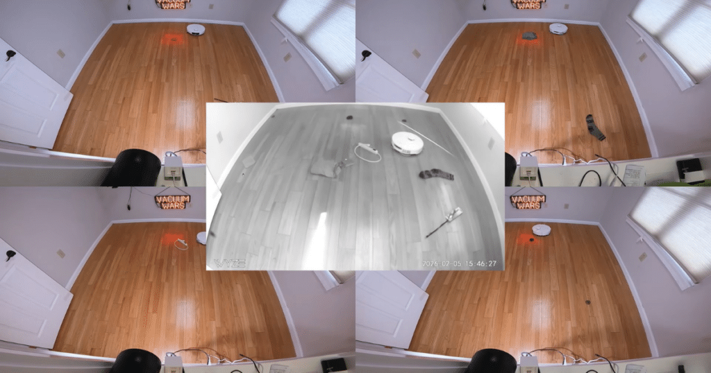 MOVA P10 Pro Ultra Gen 2 obstacles | Vacuum Wars Obstacle avoidance test scene showing MOVA P10 Pro Ultra Gen 2 navigating around household items on hardwood floors, with multiple camera views highlighting missed and detected obstacles.
