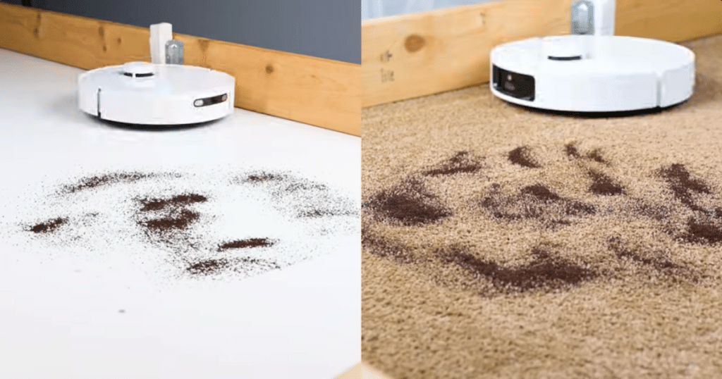Mova P10 Pro Ultra vacuuming debris 1 | Vacuum Wars The Mova P10 Pro Ultra approaching debris on hard floor and carpet in our studio evaluations