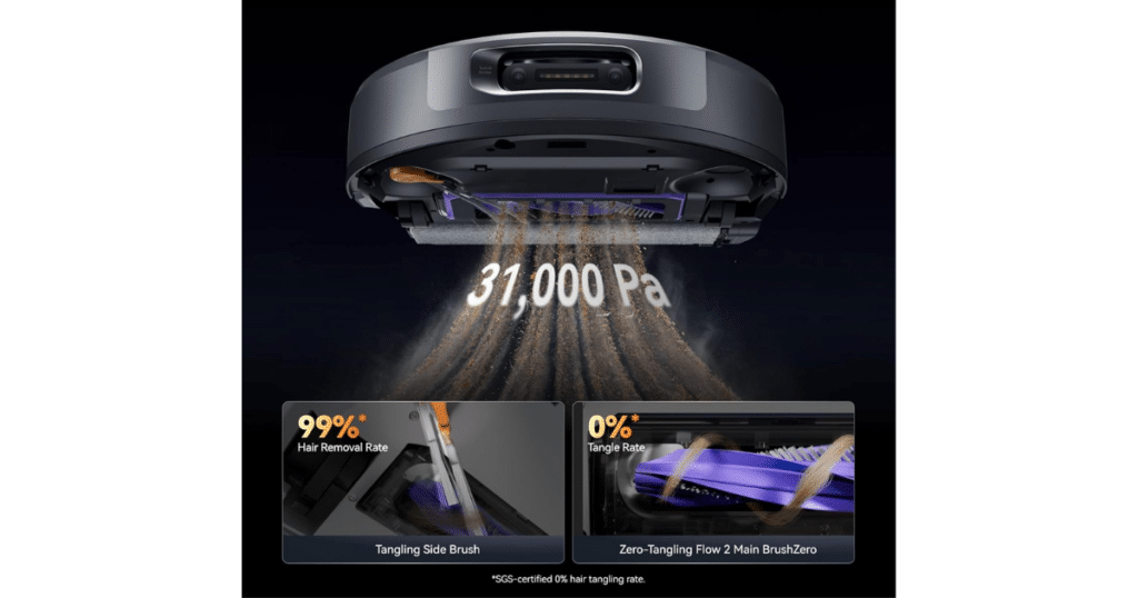 Narwal FLow 2 brushes 1 | Vacuum Wars Narwal Flow 2 robot vacuum showing 31,000Pa suction power with dual anti-tangle brush system and hair removal performance