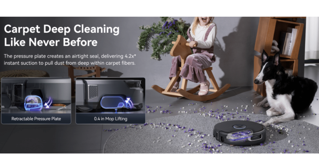 Narwal FLow 2 vacuuming | Vacuum Wars Narwal Flow 2 robot vacuum cleaning carpet with pressure plate technology and mop lifting feature for improved suction and deep cleaning