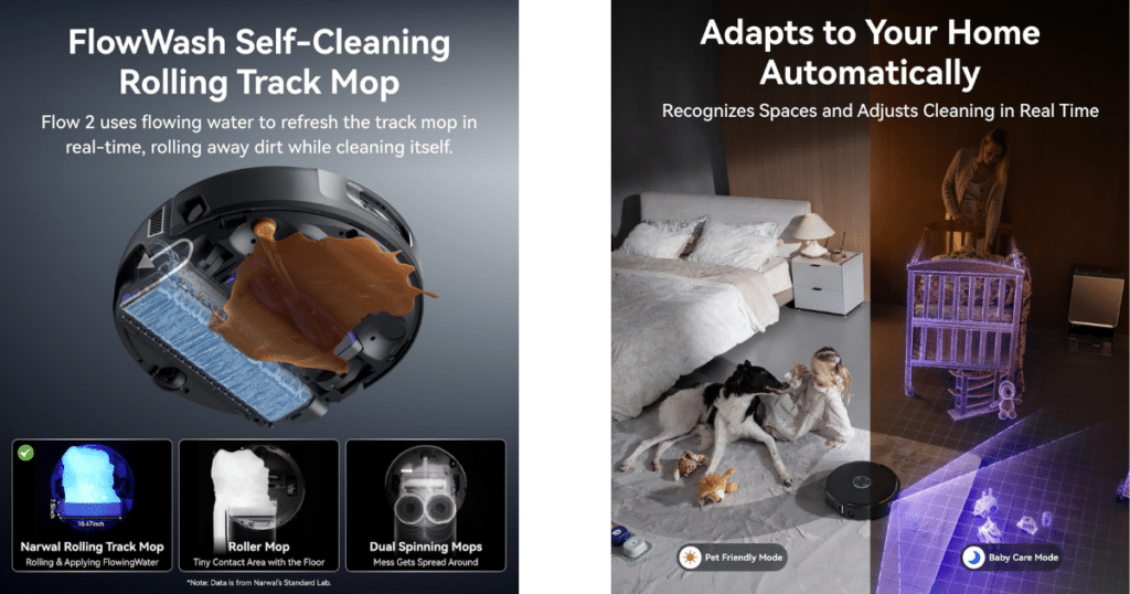 Narwal Flow 2 mop and ai | Vacuum Wars Narwal Flow 2 underside showing FlowWash rolling mop cleaning mechanism and AI home recognition features