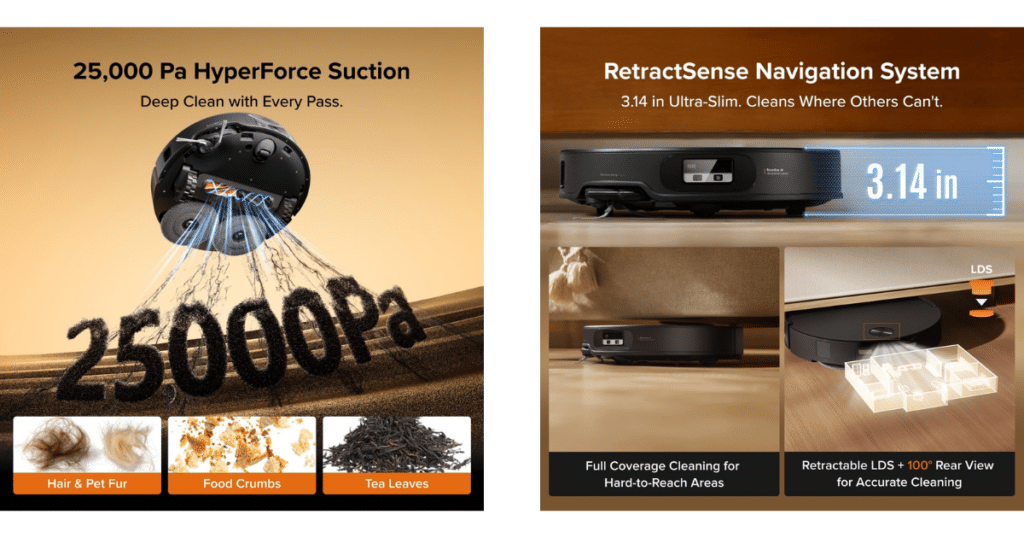 Roborock Qrevo Edge 2 robot vacuum showing 25,000Pa suction power and ultra-slim 3.14-inch design with retractable LiDAR for under-furniture cleaning