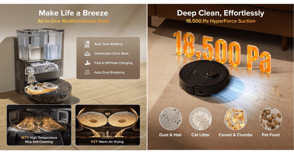 Roborock Qrevo Pro suction and dock | Vacuum Wars Roborock Qrevo S Pro robot vacuum showing 18,500Pa suction and multifunctional self-empty dock with mop washing, drying, and auto-refill system