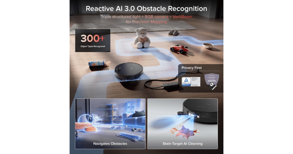 Roborock Saros 20 Sonic AI obstacle avoidance | Vacuum Wars Roborock Saros 20 Sonic robot vacuum using Reactive AI 3.0 obstacle recognition to identify over 300 objects, navigating around cords, toys, and furniture with precision mapping