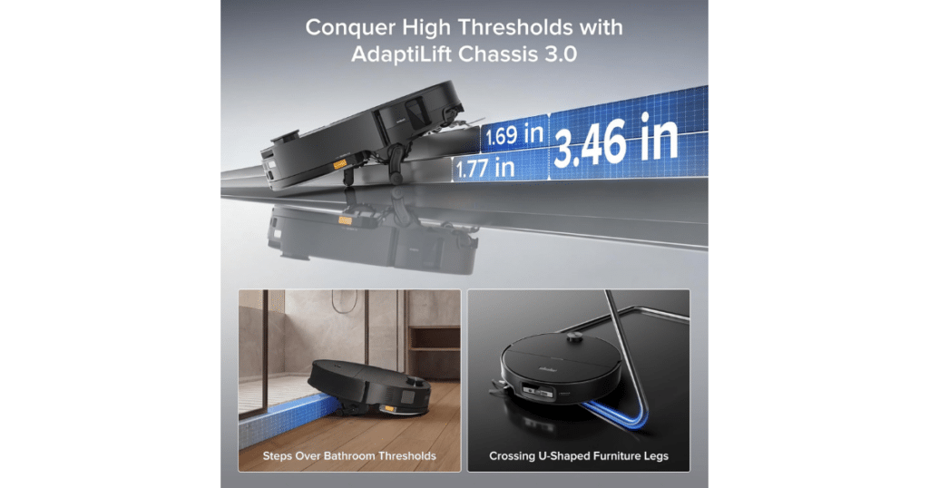 Roborock Saros 20 Sonic chassis | Vacuum Wars Roborock Saros 20 Sonic robot vacuum climbing a 3.46-inch double-layer threshold using AdaptiLift Chassis 3.0, showing enhanced obstacle clearance and mobility