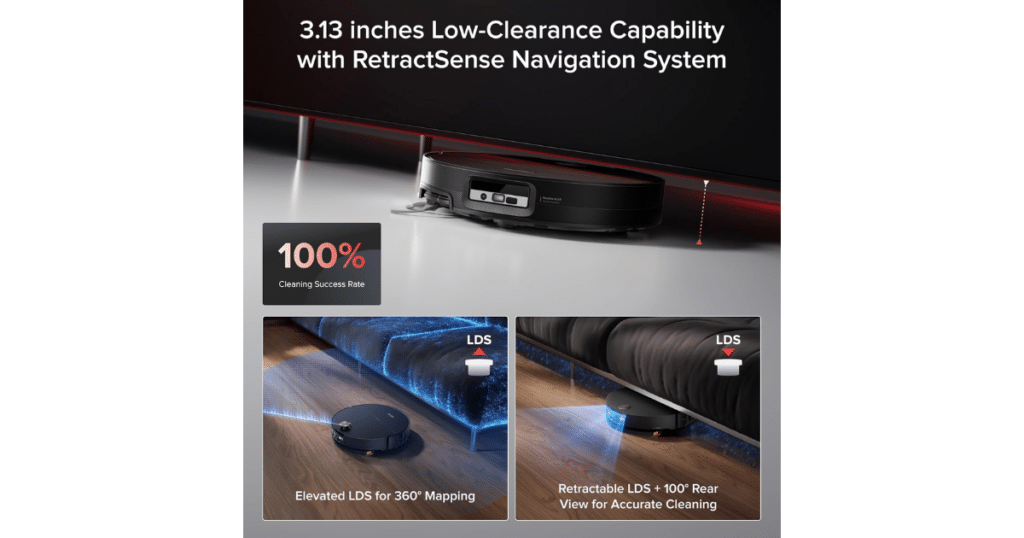 Roborock Saros 20 Sonic low height | Vacuum Wars Roborock Saros 20 Sonic robot vacuum with 3.13-inch ultra-slim design cleaning under low furniture using RetractSense navigation and retractable LDS system