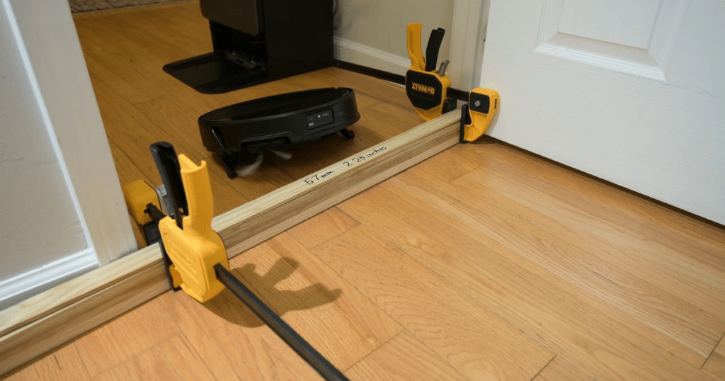 Roborock Saros 20 Threshold Test 1 | Vacuum Wars The Roborock Saros 20 robot vacuum approaching a 57mm threshold in our studio.