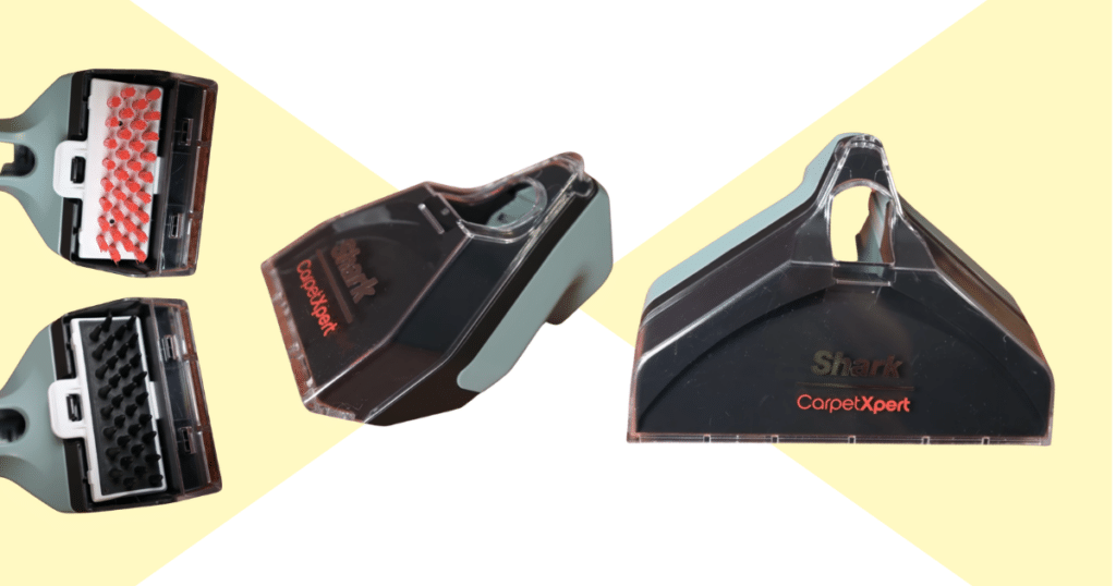 Shark CarpetXpert EX151 Attachments | Vacuum Wars Close-up of Shark CarpetXpert cleaning attachments, including a 3.5-inch reversible bristle tool with rubber and stiff bristles, and a 7-inch wide path tool.