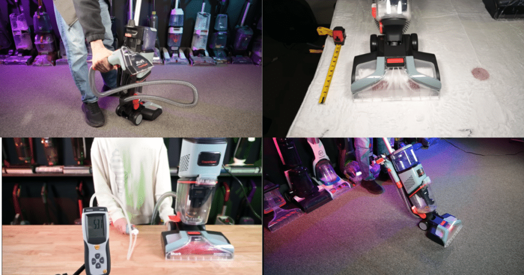 Collage of Shark carpet cleaners showing hose use, floorhead cleaning a stain on carpet, and testing setup in a lab environment.
