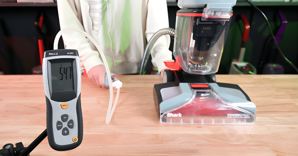Shark CarpetXpert EX151 Sealed Suction at the Hose | Vacuum Wars A sealed suction test setup showing a Shark EX151 CarpetXpert connected by tubing to a digital gauge reading 58, measuring suction at the hose.