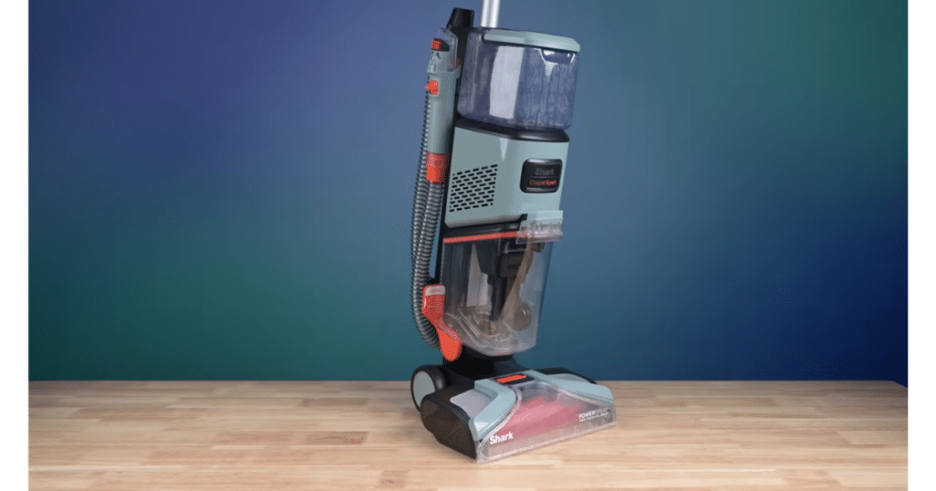 Shark CarpetXpert EX151 at Vacuum Wars | Vacuum Wars Shark CarpetXpert EX151 carpet cleaner upright front view on test floor