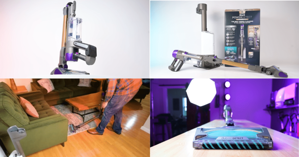 Collage of Shark PowerDetect Clean & Empty cordless vacuum showing the auto-empty base, floorhead design, and use on hard floors in a home setting.