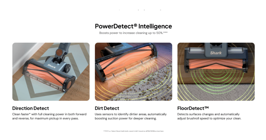 Shark PowerDetect Speed Intelligence | Vacuum Wars Shark PowerDetect technology showing Direction Detect, Dirt Detect, and FloorDetect features