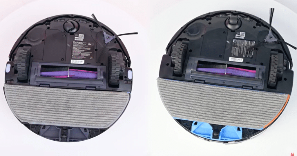 Shark Powerdetect UV Reveal comparison | Vacuum Wars Bottom view of Shark UV Reveal and Powerdetect 2 in 2 robot vacuums showing shared design of single main brush roll and one fixed side brush