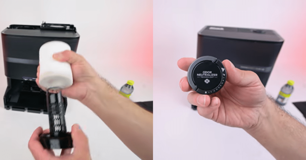 Shark Powerdetect UV Reveal dock accessories | Vacuum Wars Shark NeverTouch Pro base features showing washable filters, odor neutralizer, and self-cleaning mop system with heated water and air.