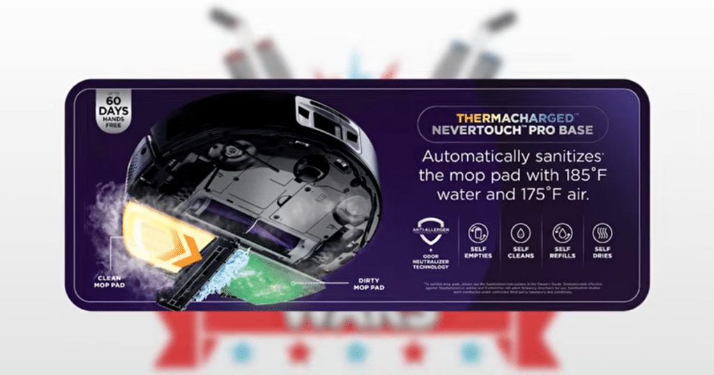 Shark Powerdetect UV Reveal dock stats | Vacuum Wars Robot vacuum mop cleaning system showing 185°F water washing and heated air drying, compared to 175°F on previous model.