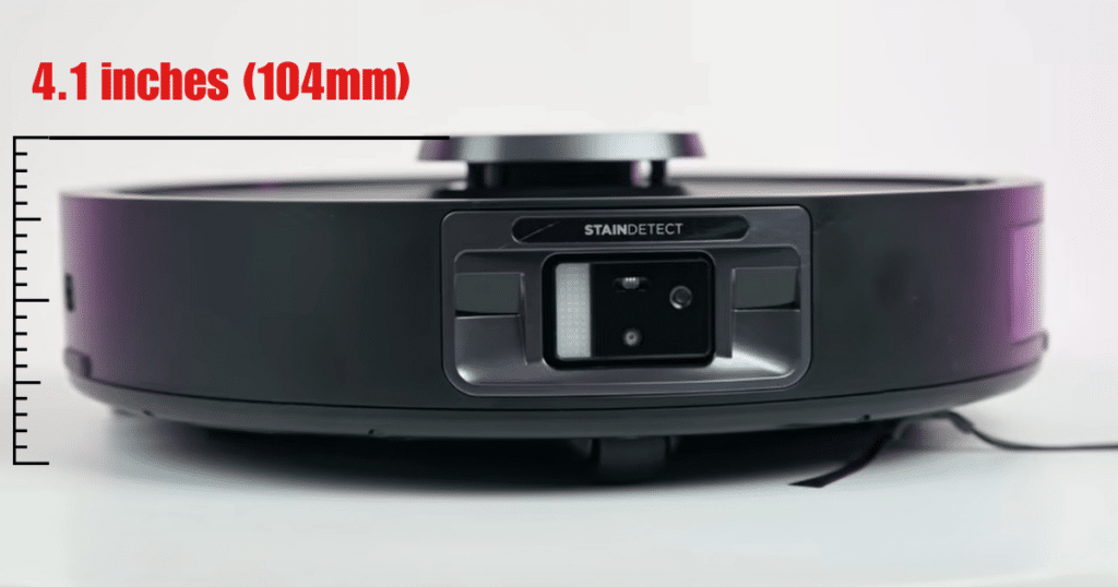Shark Powerdetect UV Reveal height | Vacuum Wars Shark PowerDetect UV Reveal robot vacuum height measurement showing 4.1 inches (104 mm), compared to 3.8-inch average.