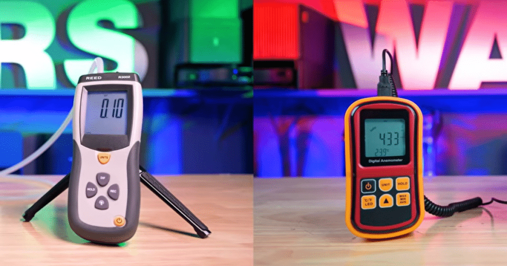 Shark Powerdetect UV Reveal suction airflow | Vacuum Wars Digital instruments measuring robot vacuum suction at 0.95 kPa and airflow at 18 CFM, compared to average 0.99 kPa and 16.95 CFM.