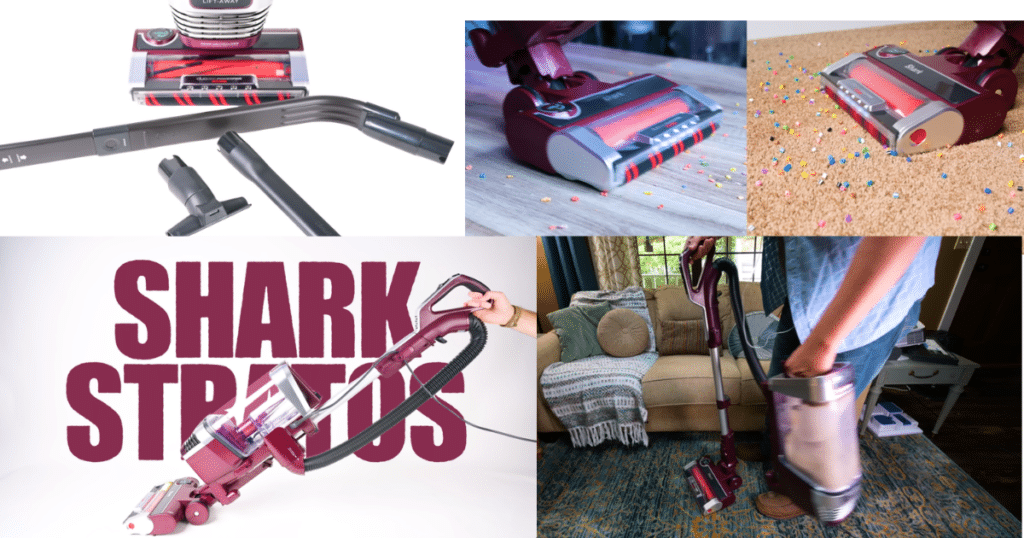 Collage of Shark Stratos upright vacuum showing attachments, floorhead cleaning debris on hard floors and carpet, and use in a living room setting.