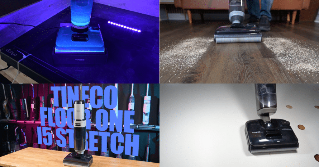 Collage of Tineco Floor One i5 Stretch vacuum mop showing cleaning on hard floors, debris pickup, and use in a home and testing setup.