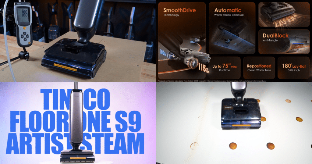 Collage of Tineco Floor One S9 Artist Steam showing vacuum-mop head in use, feature highlights, and cleaning performance on hard floors.