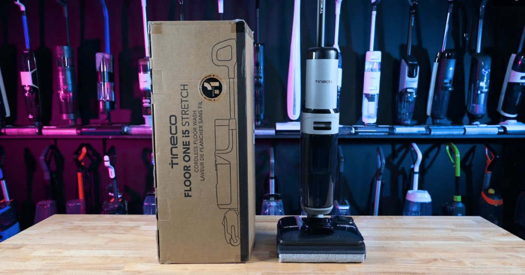 Tineco Floor One i5 Stretch at Vacuum Wars | Vacuum Wars Tineco Floor One i5 Stretch vacuum mop combo with docking base and packaging in Vacuum Wars testing studio