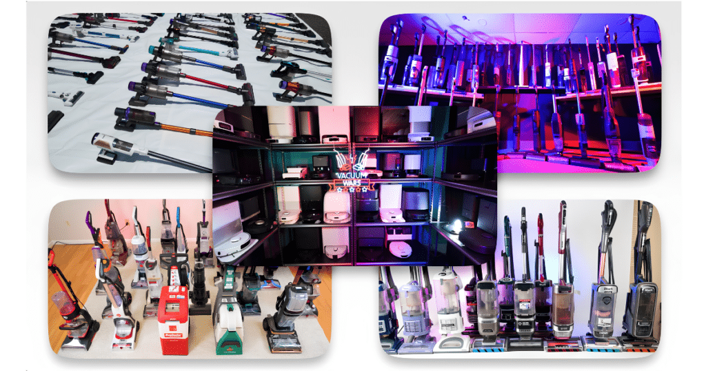 Collage of Vacuum Wars testing lab showing multiple rows of cordless, upright, and robot vacuums arranged on shelves and floors under bright studio lighting.