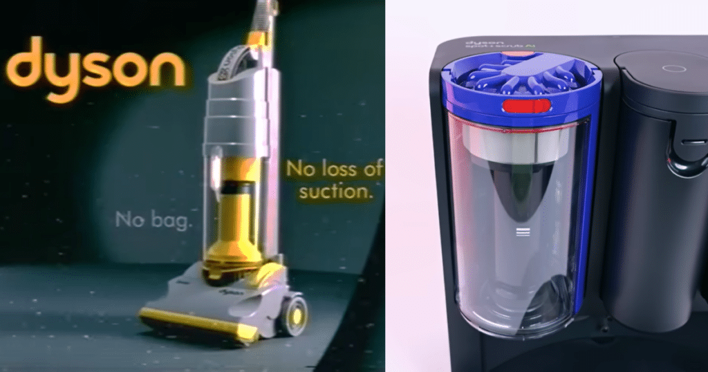dyson spot + scrub ai cyclonic bin | Vacuum Wars Dyson cyclonic bagless system comparison showing classic upright vacuum and Spot+Scrub AI auto-empty dock bin with cyclonic separation technology