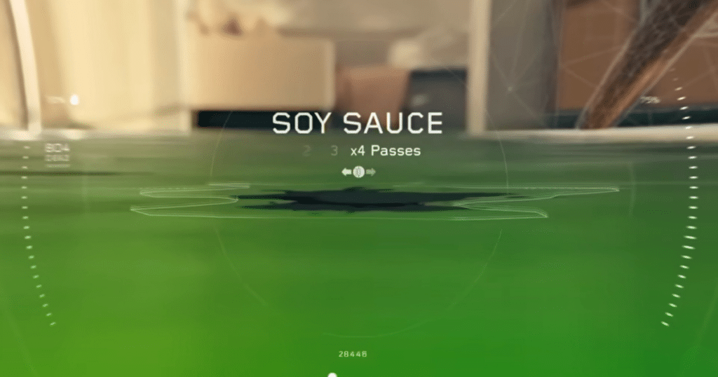 dyson spot + scrub ai stain | Vacuum Wars Dyson Spot+Scrub AI detecting soy sauce spill with AI camera and green LED, targeting mess with 4 cleaning passes