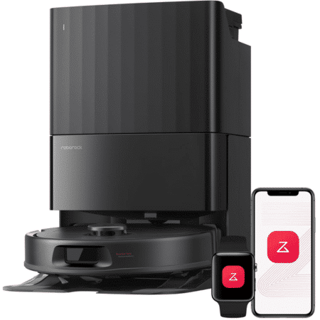 image | Vacuum Wars Roborock robot vacuum and tall charging dock with a smartphone and smartwatch showing the app, illustrating smart control integration.