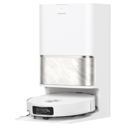 image | Vacuum Wars White Dreame appliance with a metallic front panel and a circular robotic vacuum docked below on the floor.