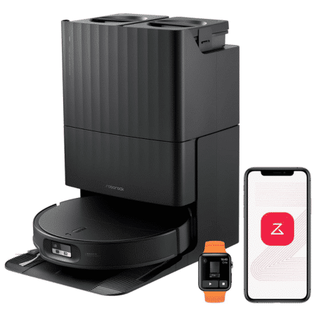 image | Vacuum Wars Roborock cleaning system: robot vacuum on a dock beside a tall vertical unit, with a smartwatch and a smartphone displaying the app.