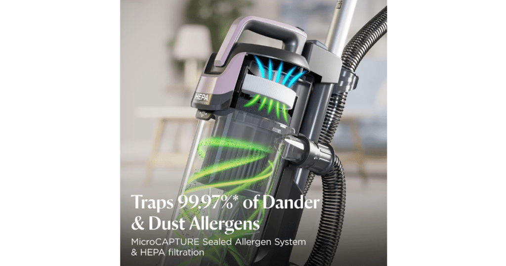 Bissell CleanView Max Allergen upright vacuum showing sealed HEPA filtration system capturing dust and dander