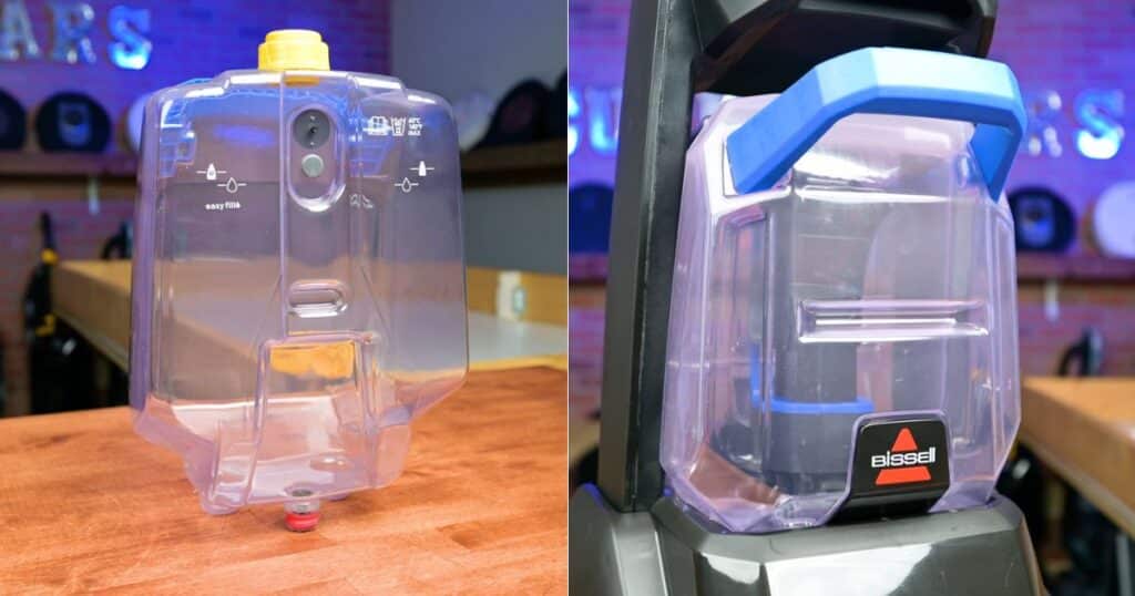 Bissell TurboClean Pet XL one-gallon water tank shown removed and installed on the carpet cleaner