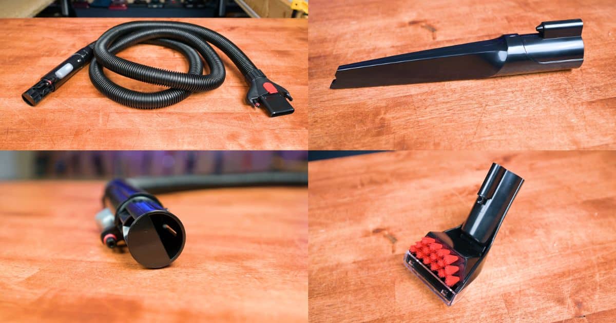 | Vacuum Wars Collage showing the Bissell TurboClean Pet XL’s hose and attachments, including the hose, spraying crevice tool, and red-bristled tough stain tool on a wooden surface.