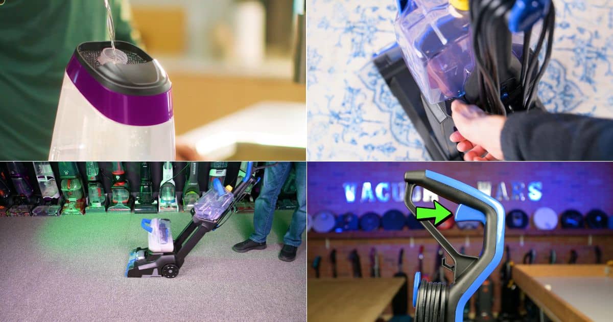 | Vacuum Wars Collage showing how to use the Bissell TurboClean Pet XL, including filling the clean water tank, wrapping the cord, pushing the carpet cleaner across carpet, and using the handle trigger.