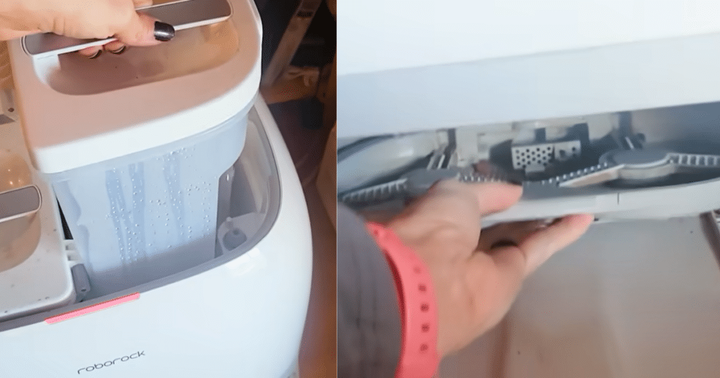 Roborock CurvX home dock | Vacuum Wars Roborock Qrevo CurvX dock maintenance showing water tank refilling and removable tray cleaning during long-term testing