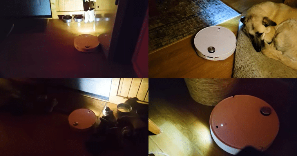 Roborock CurvX home night | Vacuum Wars Roborock Qrevo CurvX navigating and cleaning in low-light nighttime conditions using built-in LED lighting