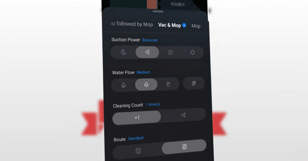 Roborock CurvX home vac mop setting | Vacuum Wars Roborock Qrevo CurvX app settings showing “vac followed by mop” cleaning mode for improved hard floor mopping performance