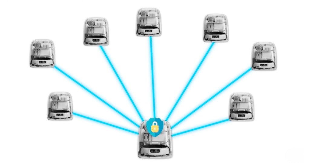 DJI Romo IoT | Vacuum Wars Illustration showing one DJI robot vacuum connected to multiple devices, representing a reported security vulnerability.