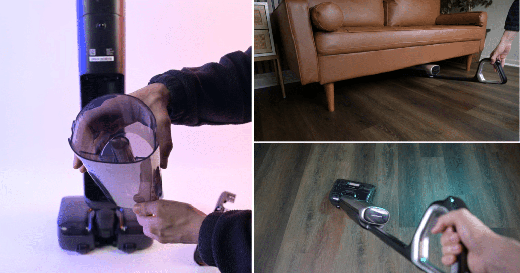 Dreame Aero Pro Hard Floor Cleaner Ease of Use | Vacuum Wars Dreame Aero Pro showing large clean water tank, 180-degree lay-flat cleaning under furniture, and ergonomic swivel handling