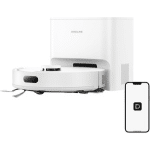 Dreame D20 Air 150x150 | Vacuum Wars White compact projector on a low table projecting onto a wall screen; a smartphone displays a wireless connection icon nearby.