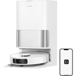 Dreame D30 ULtra CE 150x150 | Vacuum Wars White robotic vacuum on the floor in front of a tall white charging dock with a separate small remote/control unit nearby.
